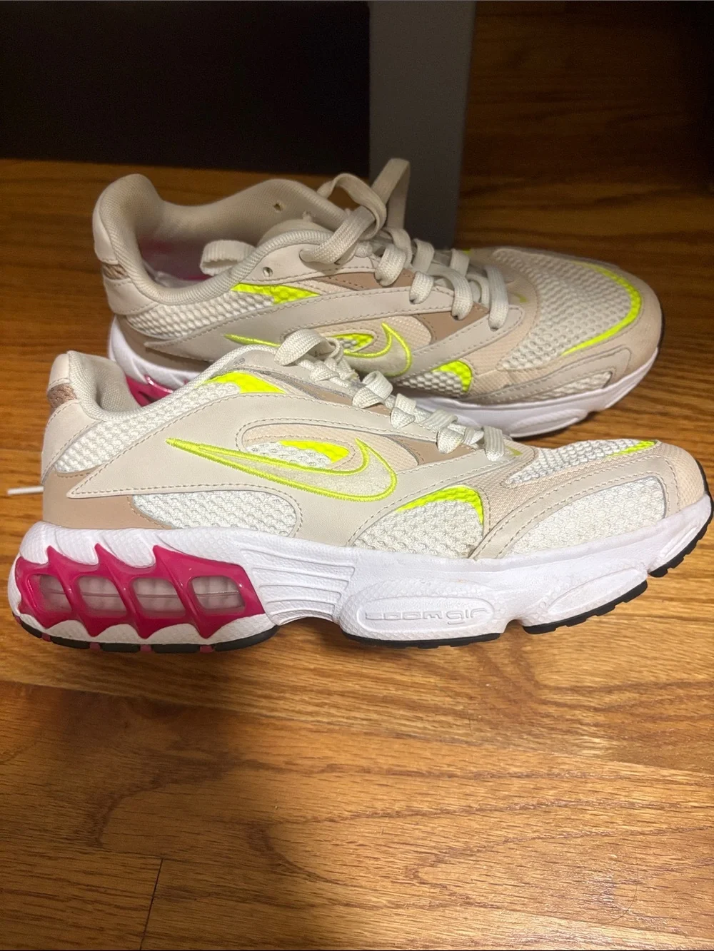 Nike Women's Beige Sneakers with Neon Yellow & Hot Pink Accents